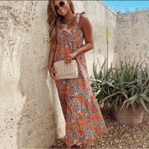 Size small Zara floral tie strap midi dress orange blue tan side zip